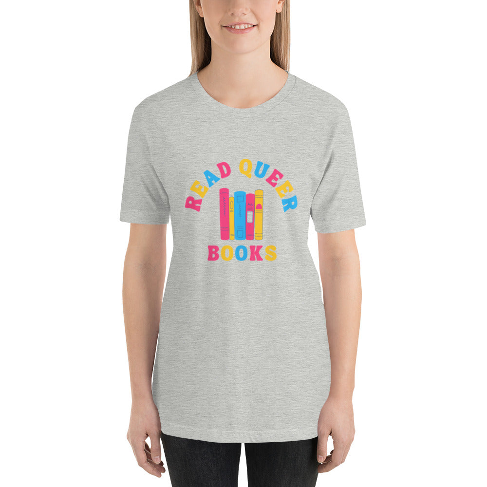 Read Queer Books Unisex T-Shirt (Pansexual Colors)
