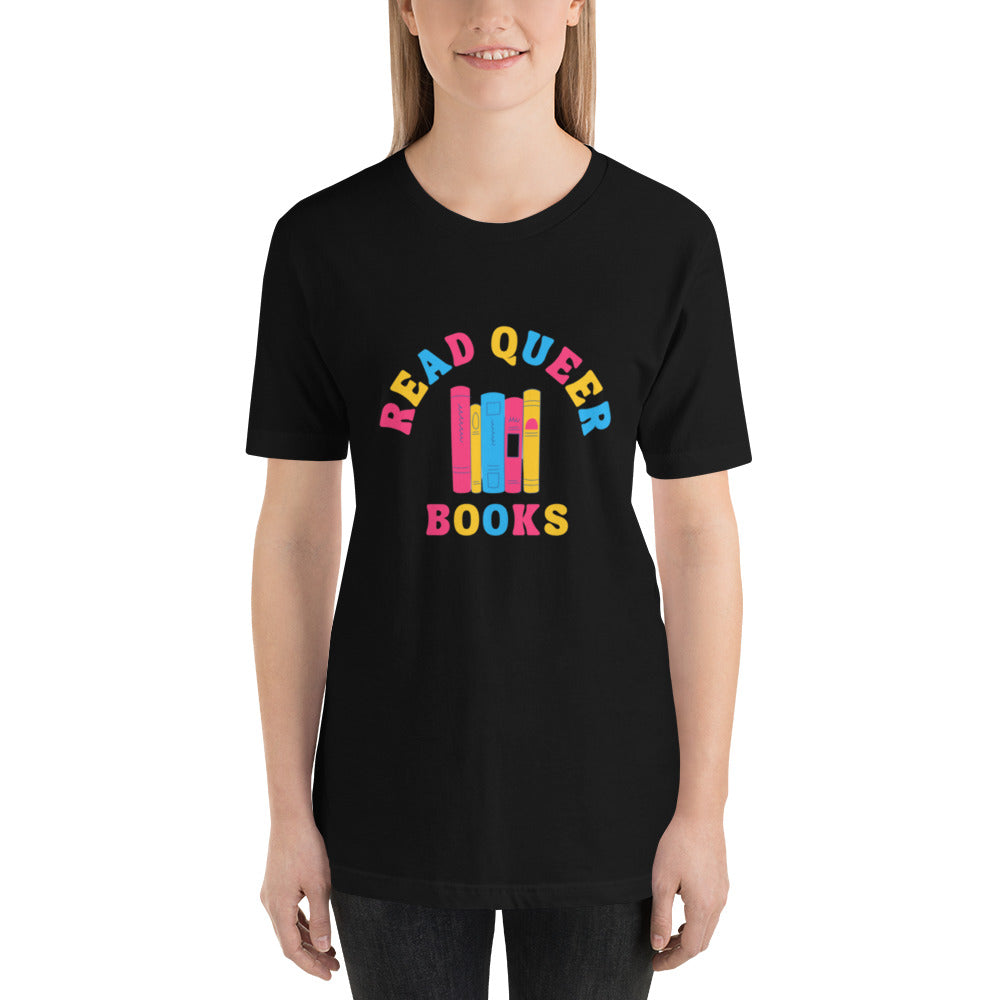 Read Queer Books Unisex T-Shirt (Pansexual Colors)