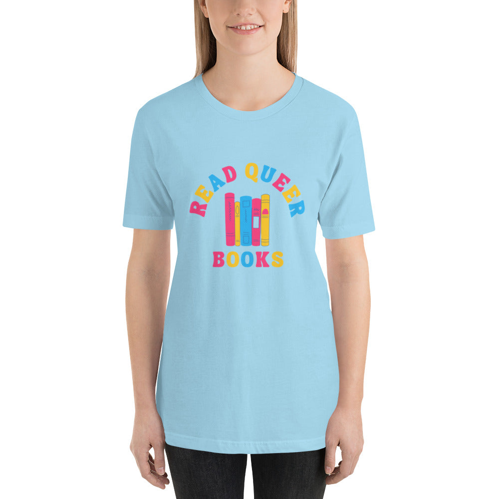 Read Queer Books Unisex T-Shirt (Pansexual Colors)