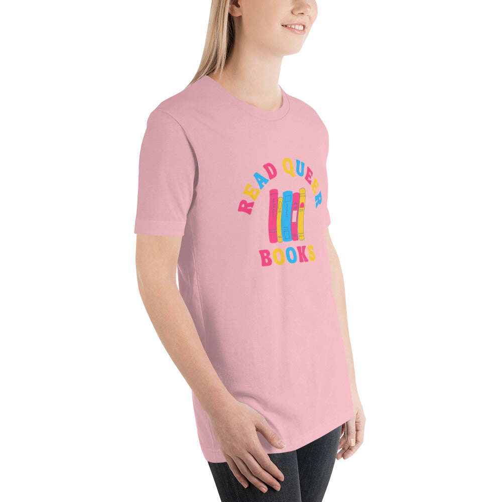 Read Queer Books Unisex T-Shirt (Pansexual Colors)