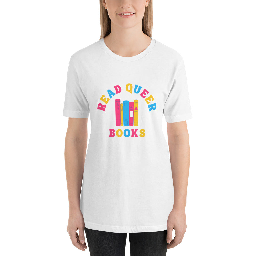 Read Queer Books Unisex T-Shirt (Pansexual Colors)