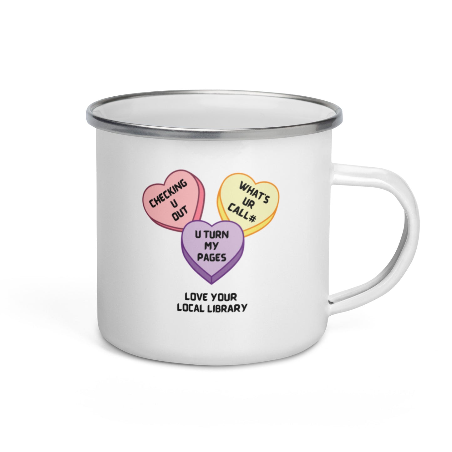 Love Your Local Library Candy Hearts 12oz Enamel Mug - The Spinster Librarian Shop