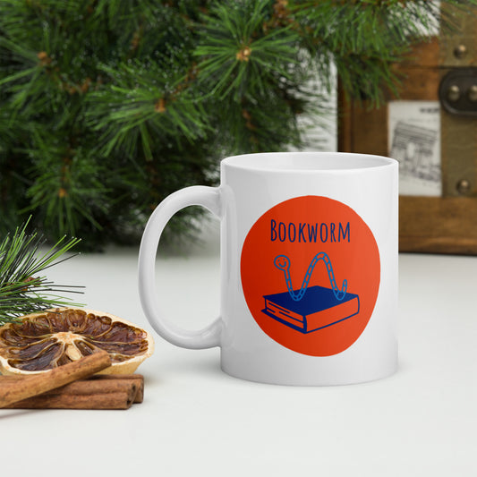 Bookworm Mug-White w/Orange and Blue Design-11oz. - The Spinster Librarian Shop
